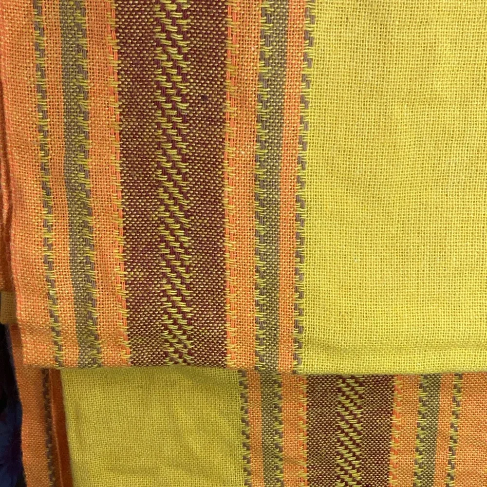 Vintage yellow 70’s‎ tablecloth orange stripes down side 2 in middle 52 x 61 404
